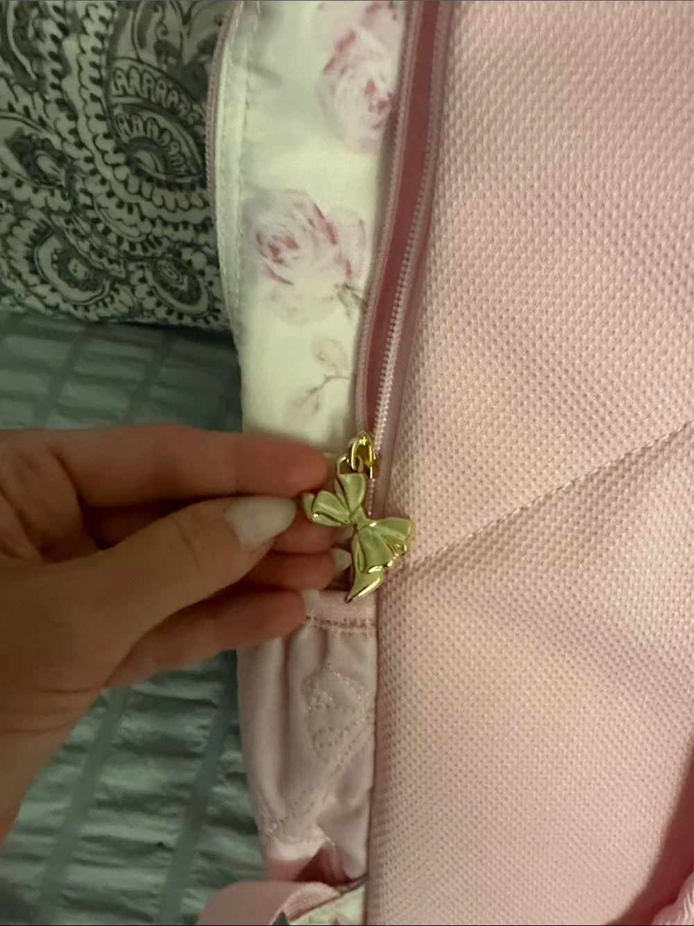 LoveShackFancy Pink Floral Quilted Backpack with Bow Charm